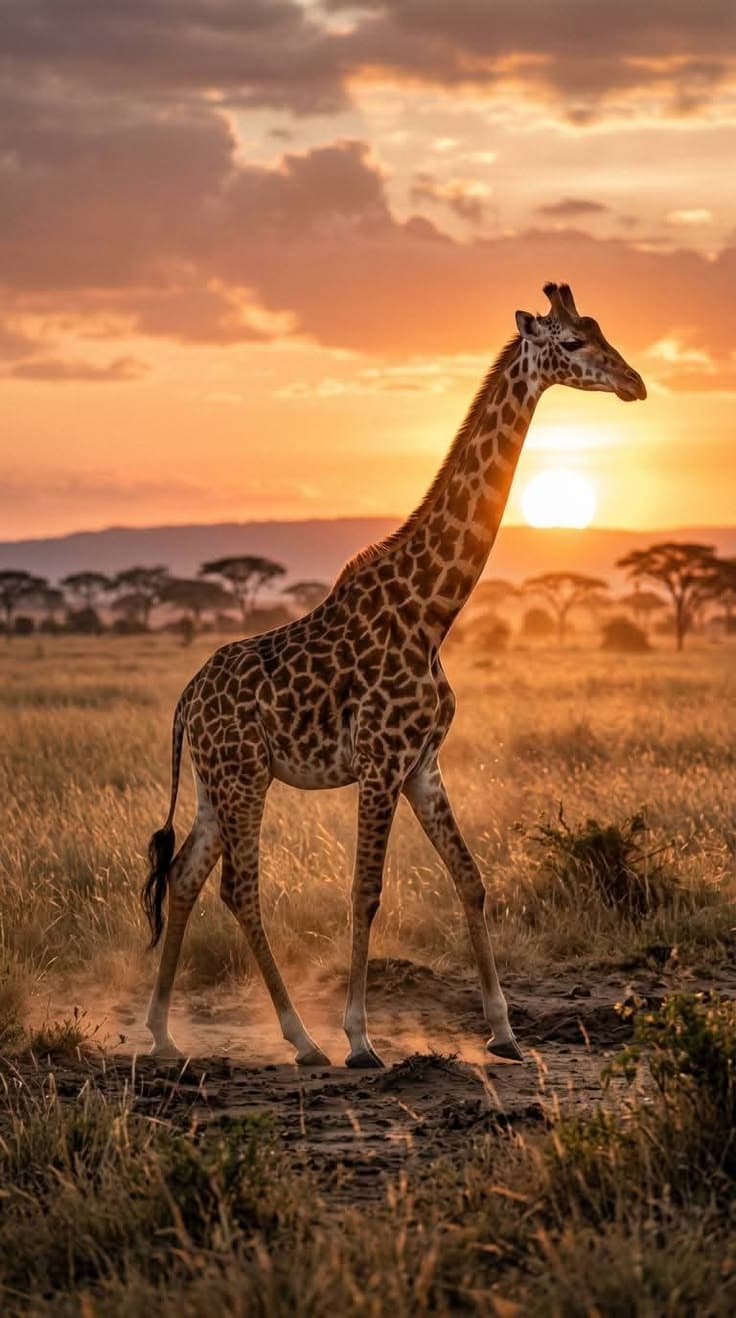 Giraffe crossing open savanna plains